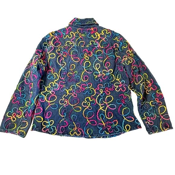 Chico’s Size 2 Y2K Rainbow Tie Dye Yarn Embroidered Floral Denim Jean Jacket L - Picture 2 of 7